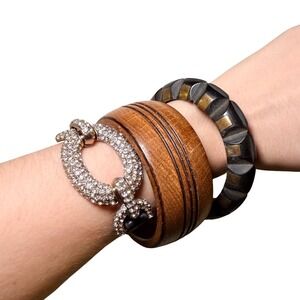 Chunky Bracelet Set Wood Look Bangle Rhinestone Leather Boho Stack 3pc